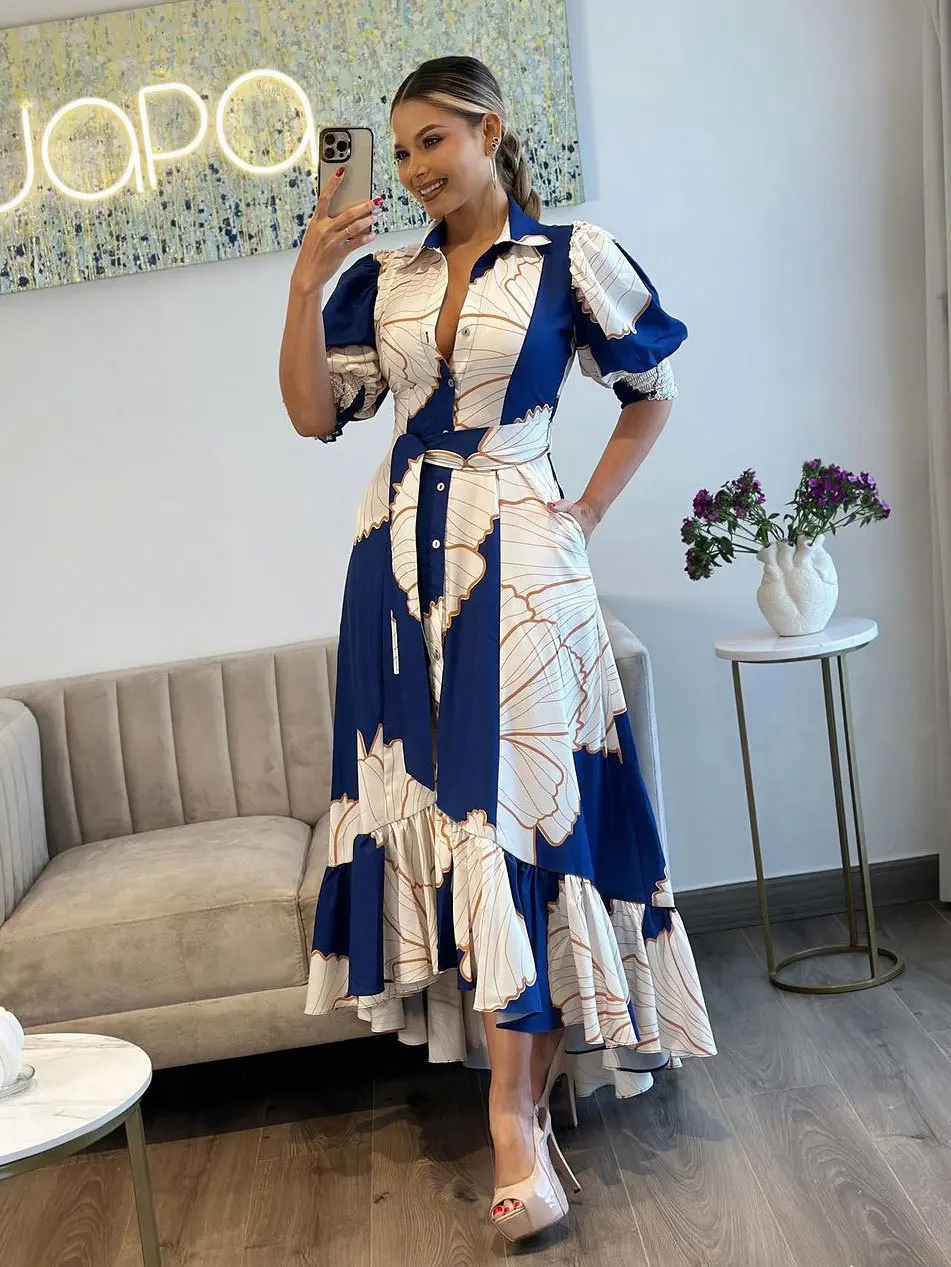 Vintage Summer A-line Dress With V-neck And Short Sleeves For Daily Wear In Knitted Fabric With Washable Feature And Floor-length Flared Hem Vintage Summer A-line Dress With V-neck And Short Sleeves For Daily Wear In Knitted Fabric With Washable Feature And Floor-length Flared Hem