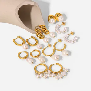 Trendy Vintage Baroque Design 18K Gold Plated Freshwater Drop Pearl Earrings Anti-Allergy Stainless Steel Statement Hoop