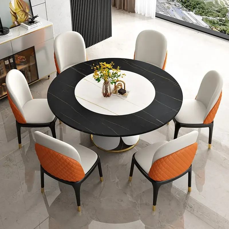 Роскошный обеденный стол из спеченного камня, круглый обеденный стол для гостиной, вращающийся стол из нового материала под заказ, обеденный стол из мрамора со стульями