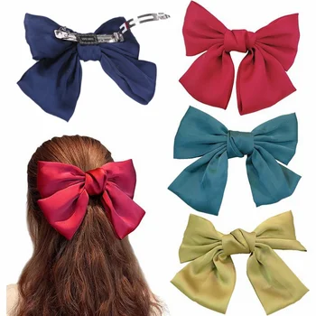 Vintage Big Hair Bow Ties Cute Hair Clips Satin Two Layer Butterfly Bow Hairpin Hair Accessories For Women Bowknot Hairpins