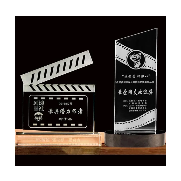 Slate Shaped Crystal Glass Clapperboard Trophy for Memorial Movie Plaques