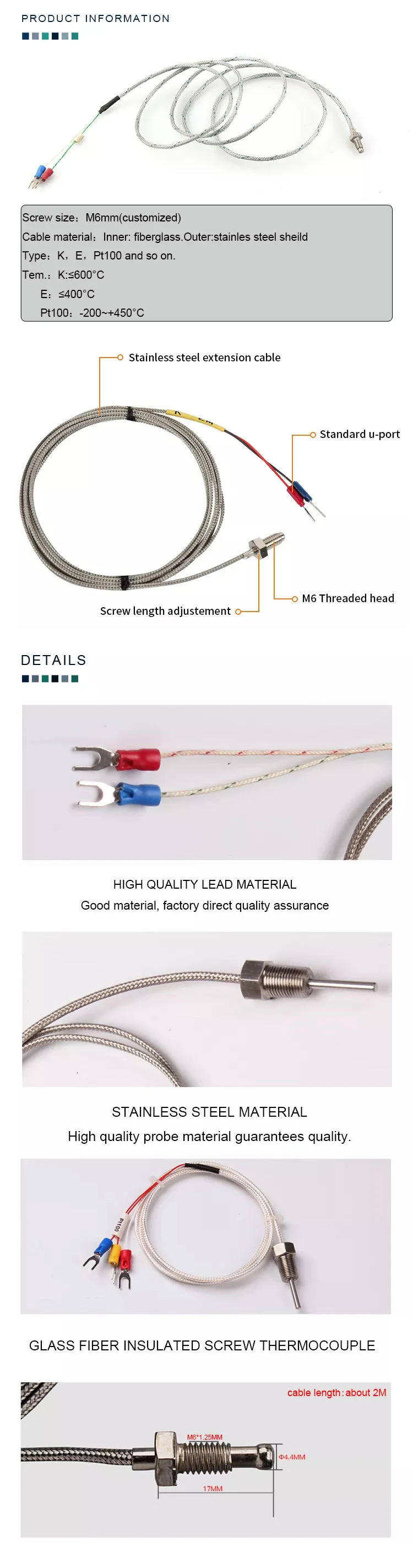 High Quality 3wire Rtd Pt100 Thermocouple For 300c 600c M6 Screw Type