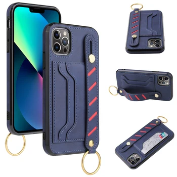 Suitable for Apple For iPhone11 12 13 Mini Pro Max Mobile Phone Shell 13 Pro Max Twill Wrist Strap Leather Sleeve Card Holder