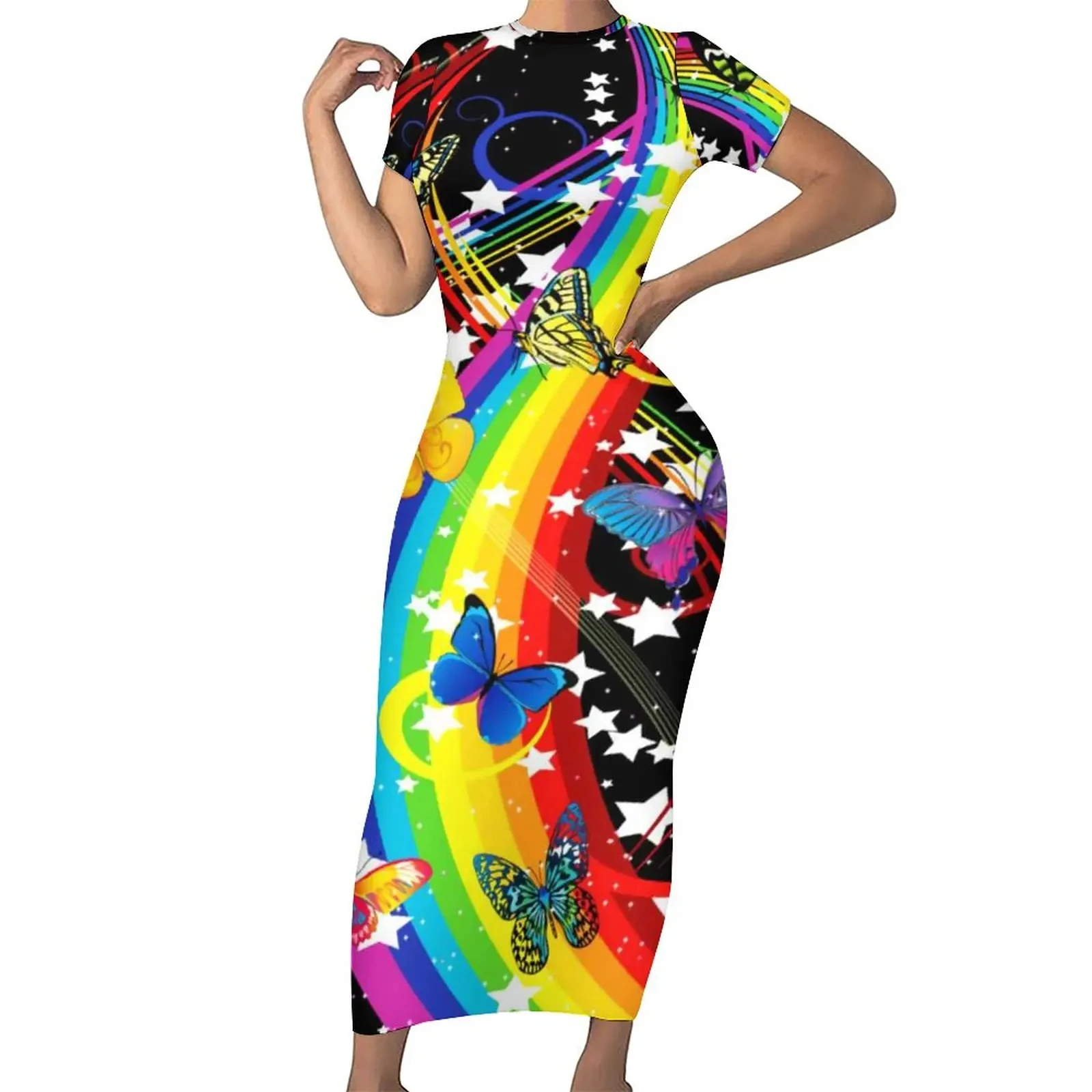Ladies Dresses Multicolor Bodycon Dress Colorful Rainbow Retro