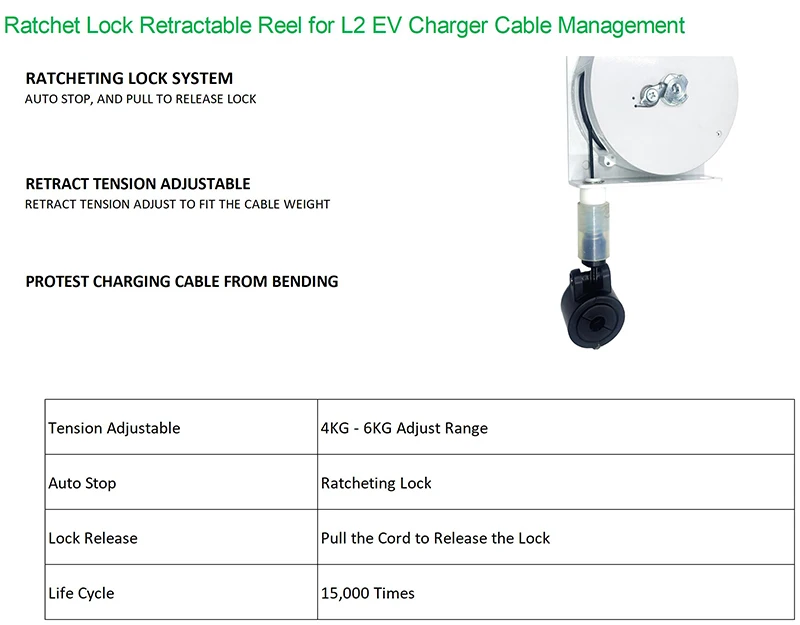 Level 2 Ev Charger Cable Management Retract Tension Adjustable Ratchet