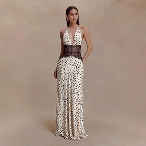 New Style Deep V Neck Polyester Spandex Bow Natural Waist Summer Point Print Maxi Dresses Women Sleeveless