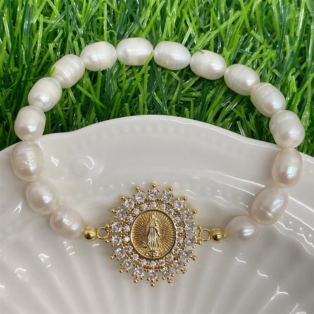 18K Gold Plated Micro Pave CZ Virgin Mary Charm Freshwater Pearl Beaded Stretch Bracelets for Women Religious Fashion Jewelry