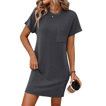 2024 new style European and American summer women's dress casual contrasting twisted stripe short-sleeved pocket lady dress