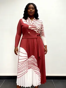 Plus Size Elegant Striped Patchwork Pleated Midi Dress with Double-Breasted Design for Women's Formal  Office Wear
