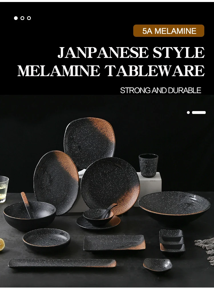Wholesale Melamine Dinner Set Elegant Black Matte Dish Irregular Round
