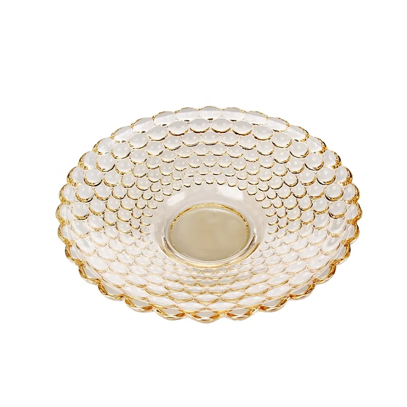 India Classic Fish Scale Round Shape Electroplated Colored Glass Fruit Plate Table Dish Storage Glass Pink Dish for Decoration