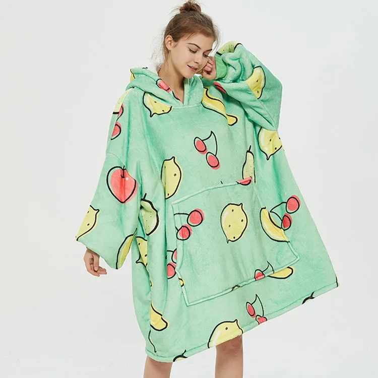 Wholesale New Fashion Women Fresh fruit Pattern Warm TV Blanket With Sleeves Velvet Thickening Fleece Oversized Hoodie Blanket