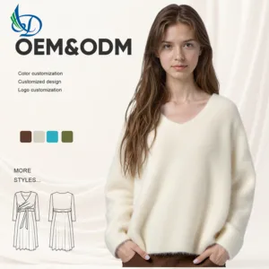 Women's Cashmere Solid Color Long Sleeved V-neck Knitted Pullover, Winter Minimalist Pullover