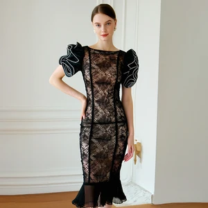 ZYHT 10772 Hot Selling Summer Lace Party Women Dresses Sequin Puff Sleeves Black Elegant Evening Dress Luxury