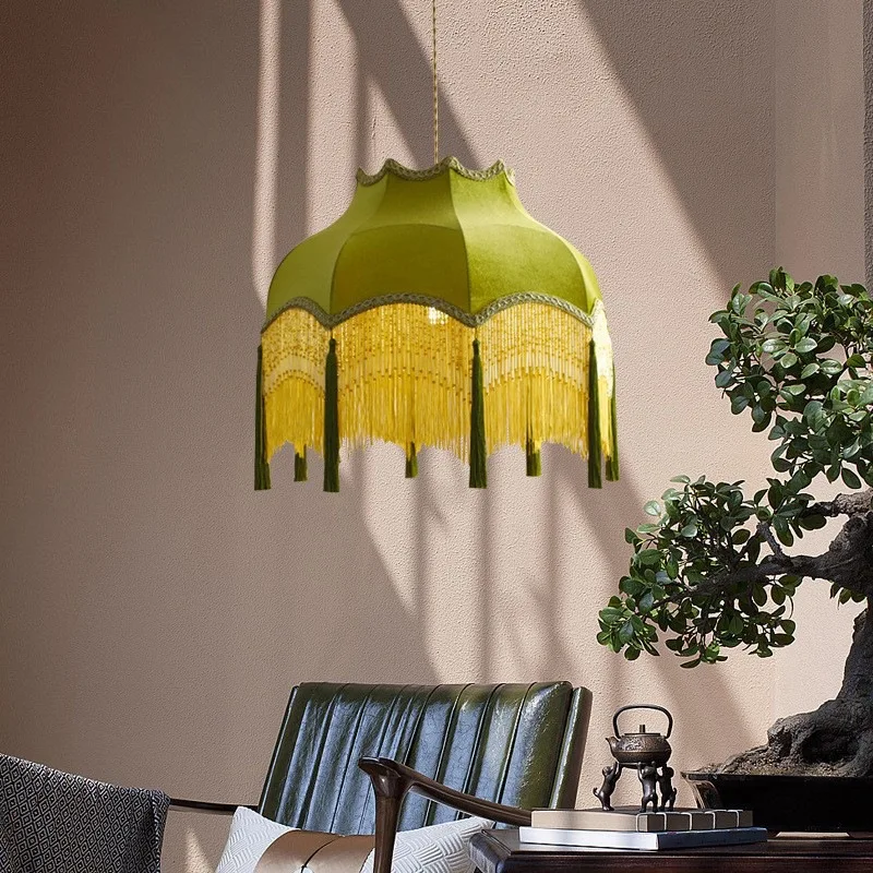 Retro Court Style Handmade Linen Tassels Pendant Lamp Hanging Fabric Lamp Shade for Home