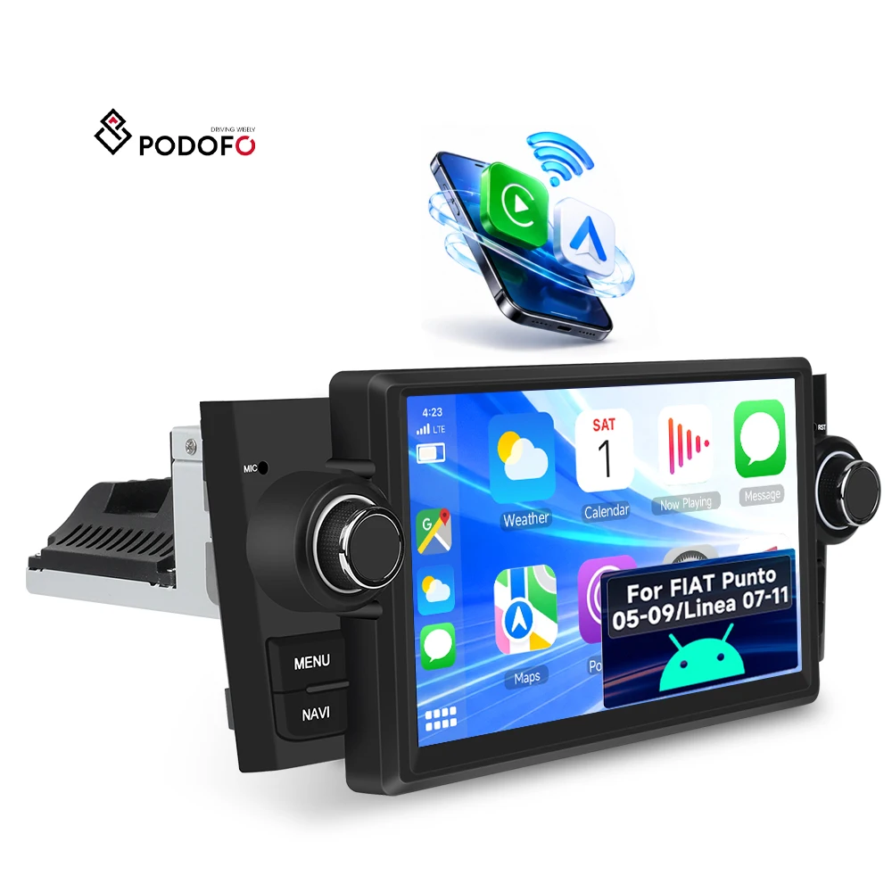 Podofo 1 Din Android Car Radio 7'' 2+32GB for Fiat Punto 2005-2009/Linea 2007-2011 Wireless CarPlay/Android Auto/FM/RDS OEM ODM A4778