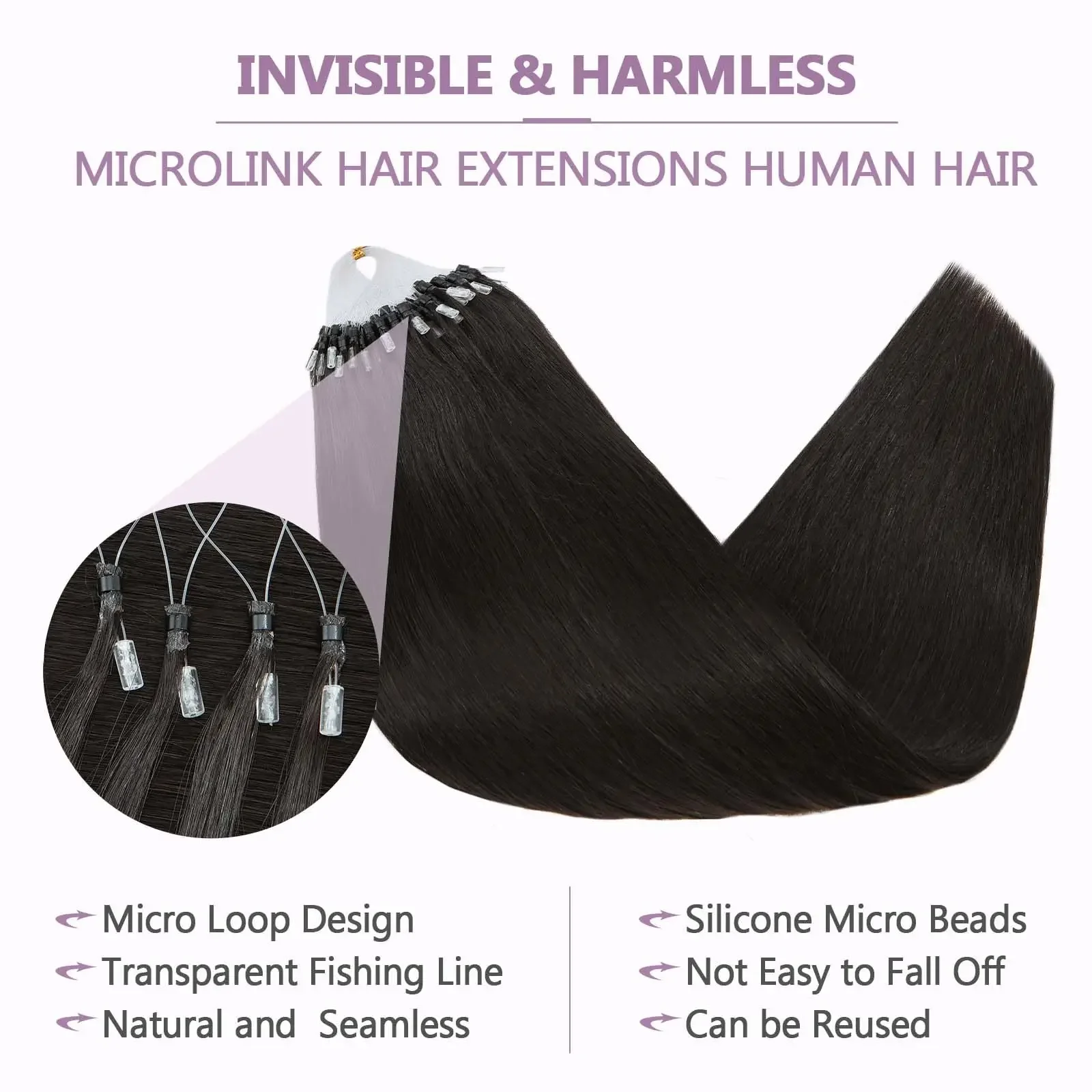 Micro Link Haarverlängerungen Echthaar #1B Natürliches Schwarz Microlink Haarverlängerungen Micro Loop Echthaarverlängerungen Fusion Hair_voghion.com