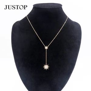 Women's Luxury Fashion Jewelry Zirconia Stainless Steel 18k Gold Plated High Quality Double Star Pendant Necklace