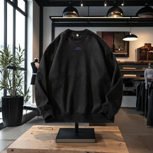 Men's 350G Textured Suede Crew Neck Sweater Retro Fashion Embroidered Top with Spring New Split Design Oversized Fit for Winter