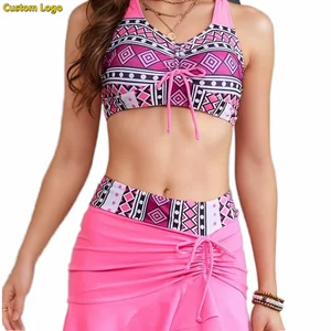 Wholesaler Custom Logo Sexy Cross Strap Bikini Three Piece Split Women's Swimsuit 2026 Bathing Suit Swim Skirt Pink Swimwear