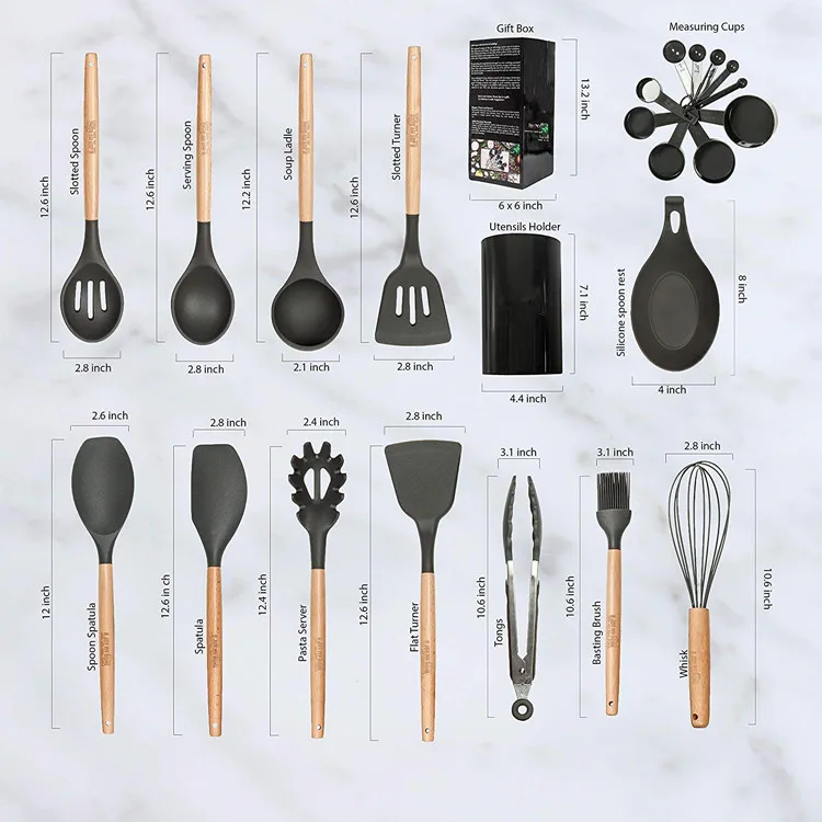 
 Durable heat resistance 23 piece wooden and silicone cooking kitchen utensils set with holder  