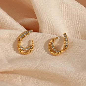 Dainty Hollow Water Drop Zircon Beaded Stainless Steel Stud Earrings Gold Plated Huggie Earring