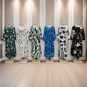 New Wholesale Big Size Women's Casual Waist Tie Long Sleeve Printed Elegant Dresses