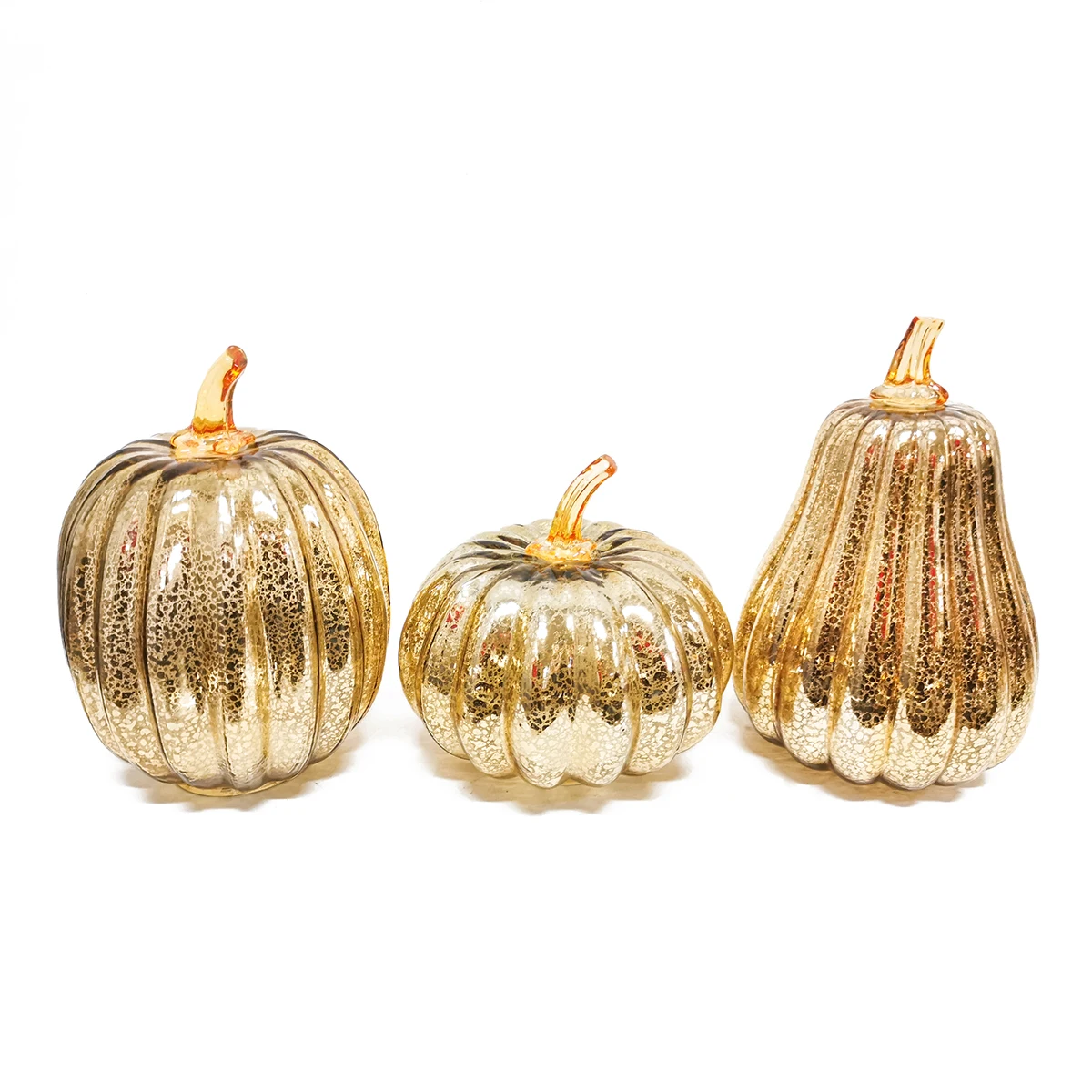 Lighted festive Fall pumpkins decoration 3 assorted led handmade orange gold mercury glass pumpkin lights with battery for sale supplier