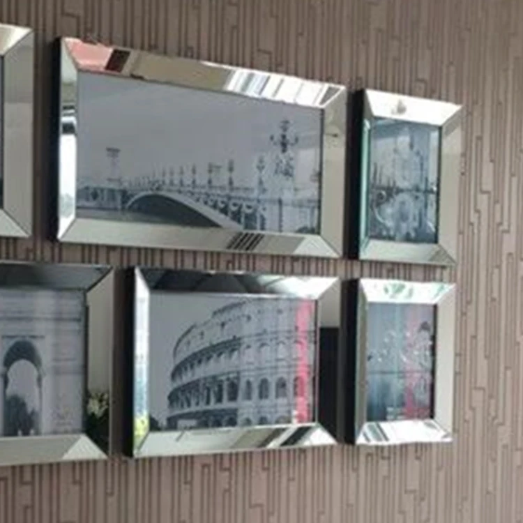 Modern Style Square Shape Beveled Mirror Picture Frame 7Pcs Photo Frame Combination for Family Photos Landscape