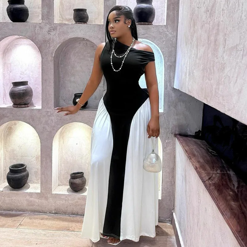 One Piece Check Plus Size Contrasting Color Slash Neck Sleeveless Flare a  Line Pleated Maxi Dress Women