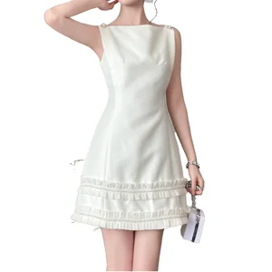 Customize Sexy Casual Natural Waist A-Line Breathable Summer Sleeveless Backless Ruffles White Dress Women