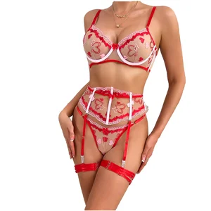 OEM 2026 New Elegant Machine Embroidery Sheer Mesh 3-Piece Lingerie Women Sexy Underwear Sets