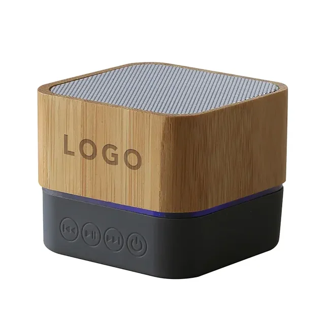 Hot Selling Eco Friendly Customize Logo RGB Light Mini Square Bamboo Bluetooth Portable Wireless Speaker