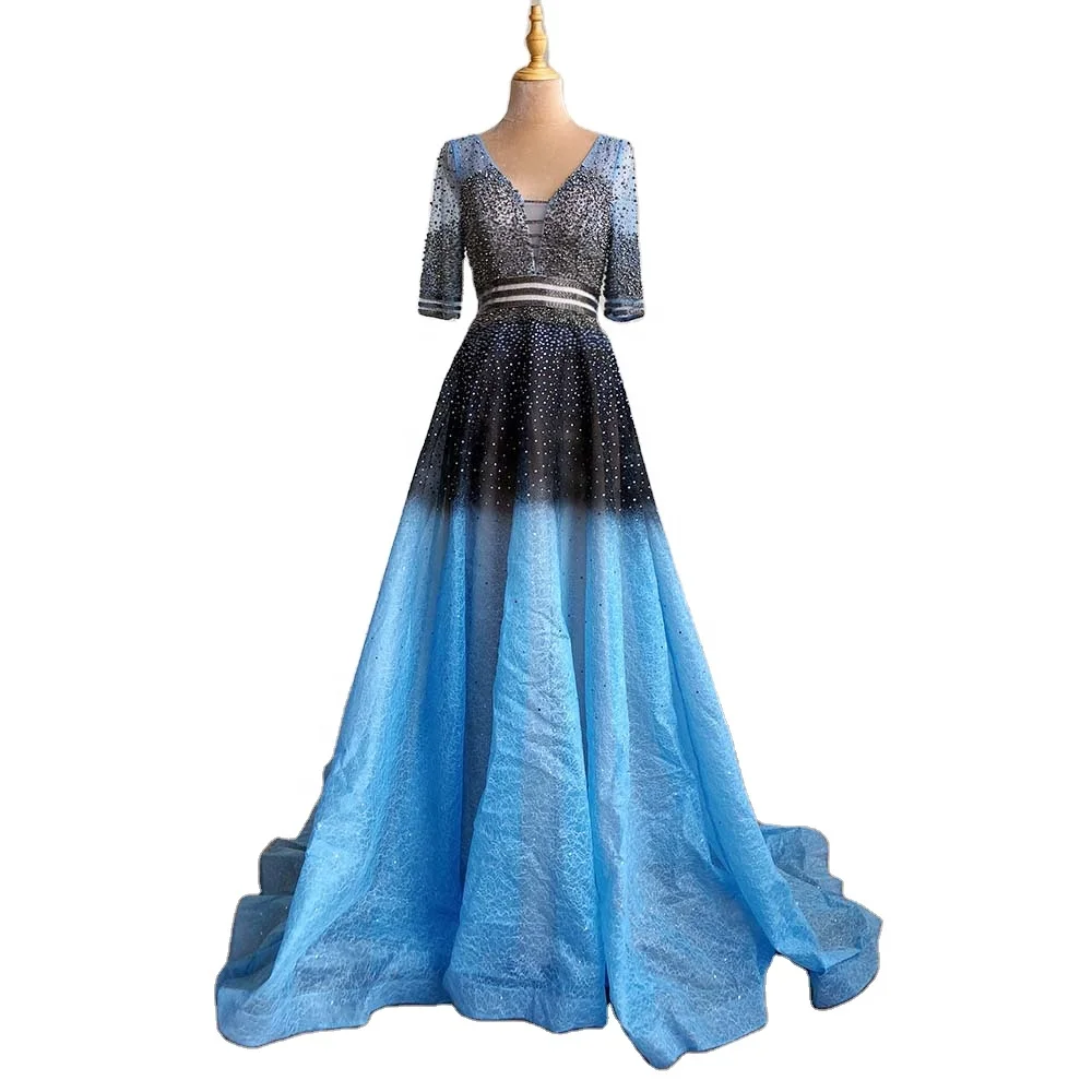 Blue a-Line Beaded Half Sleeves V-Neck Evening Dress