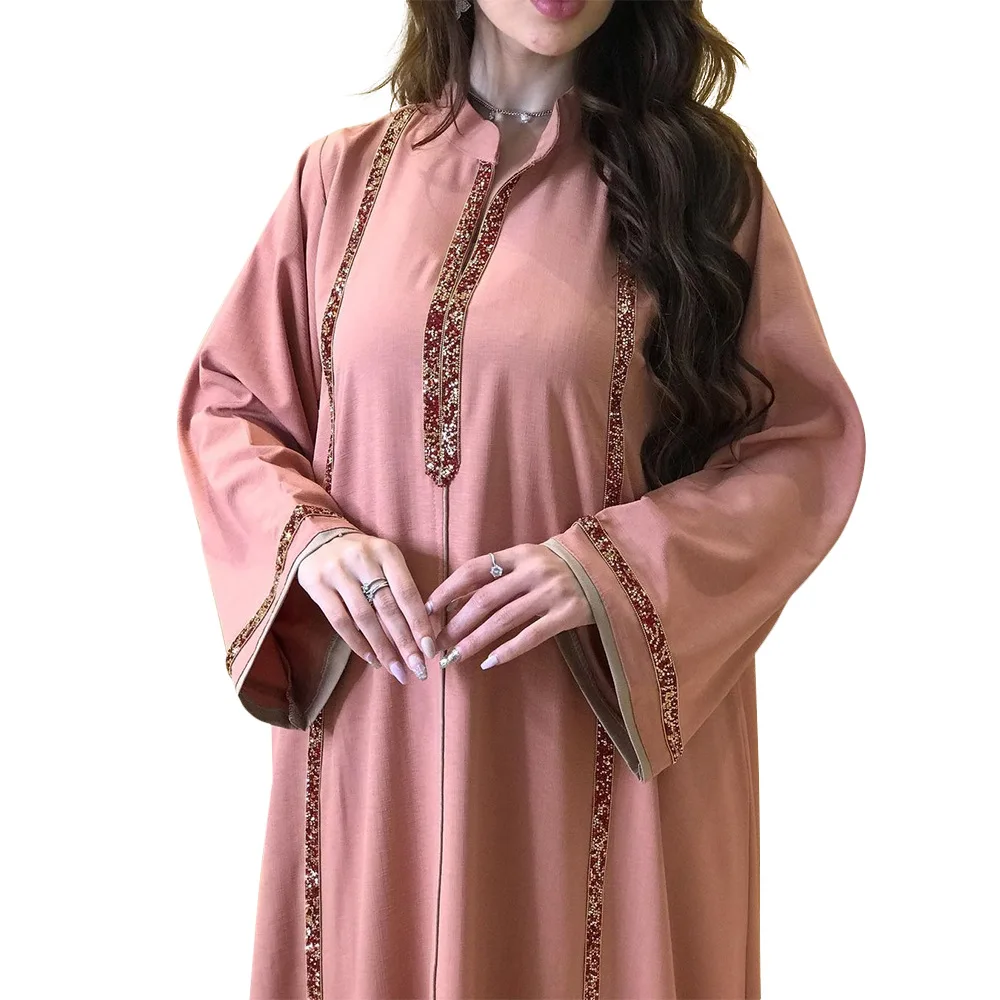 Dubai Middle East Simple Modest Kaftan Eid Jalabiya Women Muslim Dress Fashion Solid Diamonds Moroccan Caftan for Woman