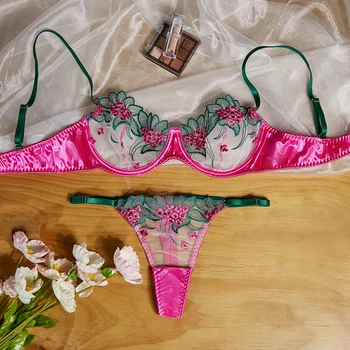 Wholesale Women 2 Piece Mature Sexy Embroidery Erotic See Through Lingerie Underwear Panty Set