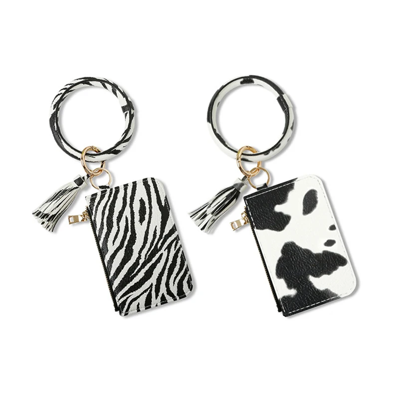 Black and White Cow Print Leather Pouch Keyring