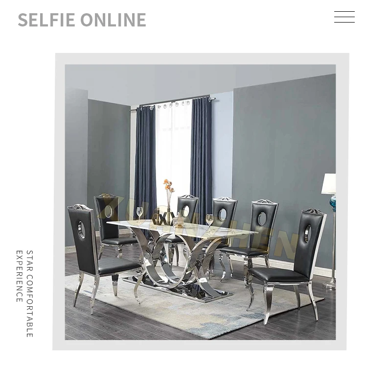 Living Room Furniture Modern Stainless Steel Dining Table Set 6 Seater