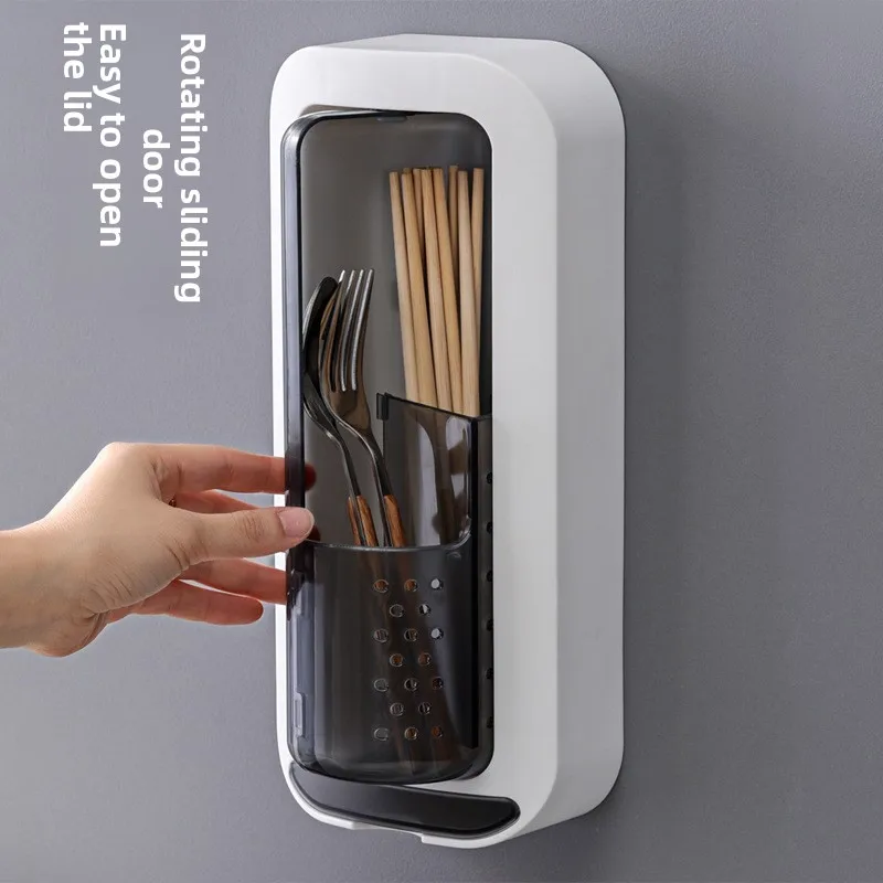 No-Drill Wall-Mounted Kitchen Utensil Holder New Rotating Household Chopstick Storage Box Plastic Chopstick Cage