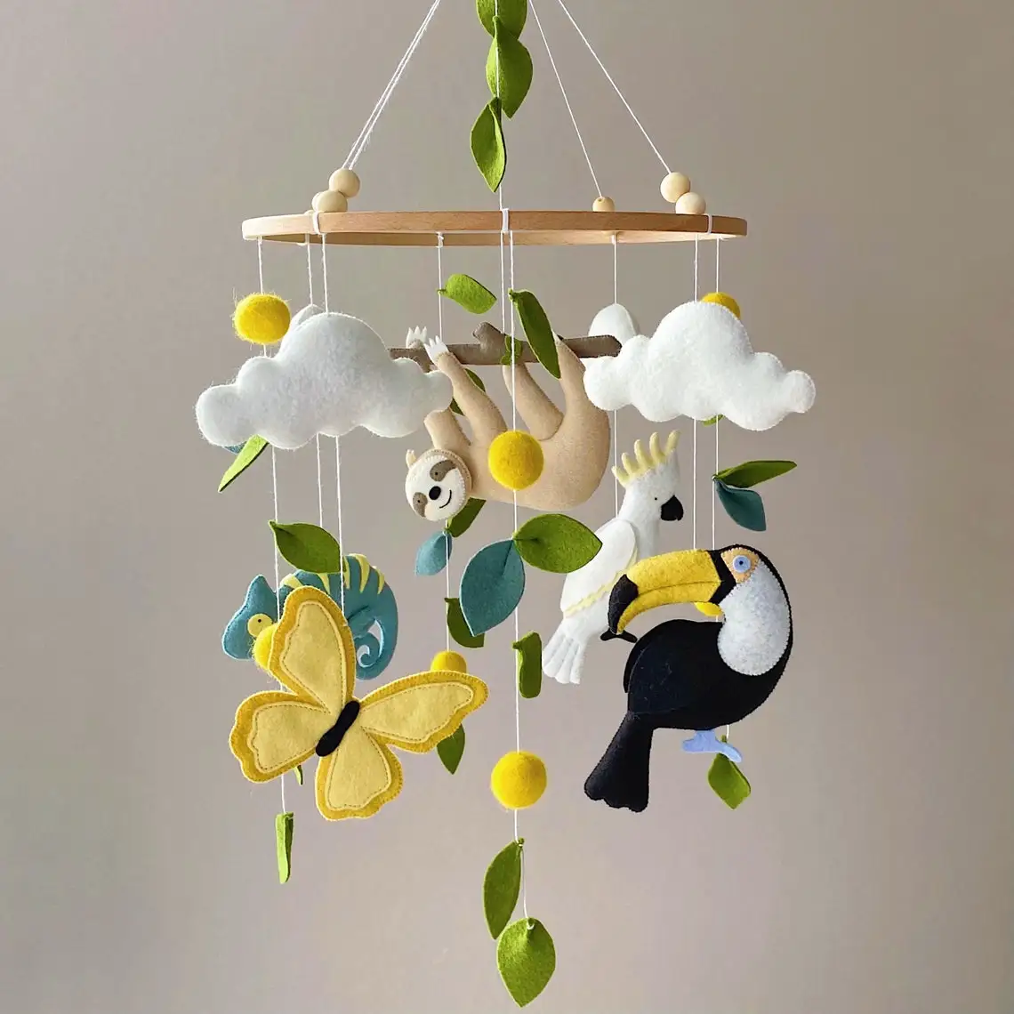 Baby Toys Safari Stuffed and Plush Animal Chameleon Sloth Handmade Crochet Wood Musical Felt Baby Crib Mobiles for Baby Girl Boy