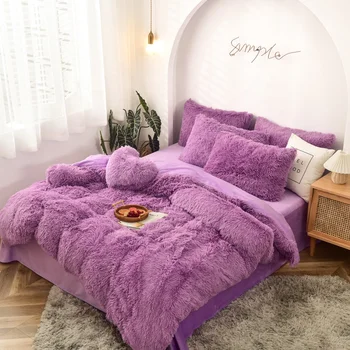 high pile designer Bedding Set Purple Pink Velvet flannel long hair textured duvet cover quilt Cover set