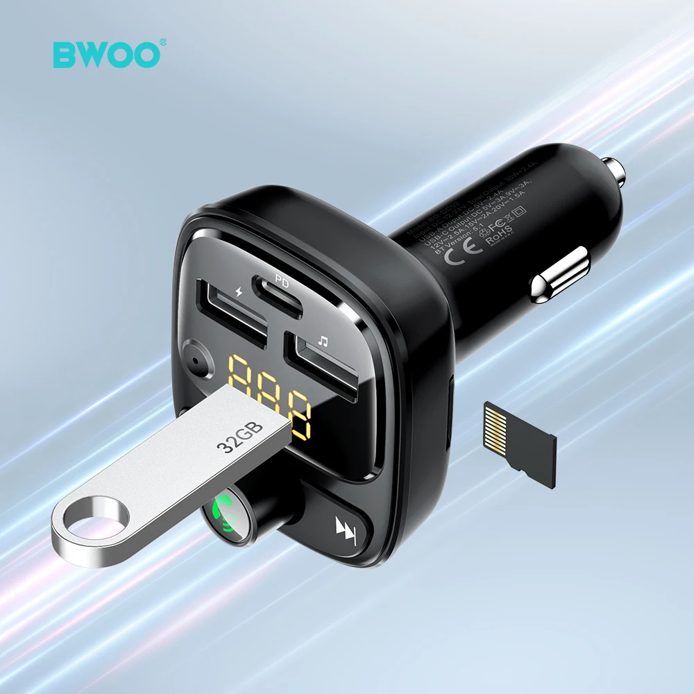 BWOO 30W Type C Dual USB Port Car Charger Adapter Digital Display 3A Fast Charging Car Wireless Fm Transmitter for Mobile Phone