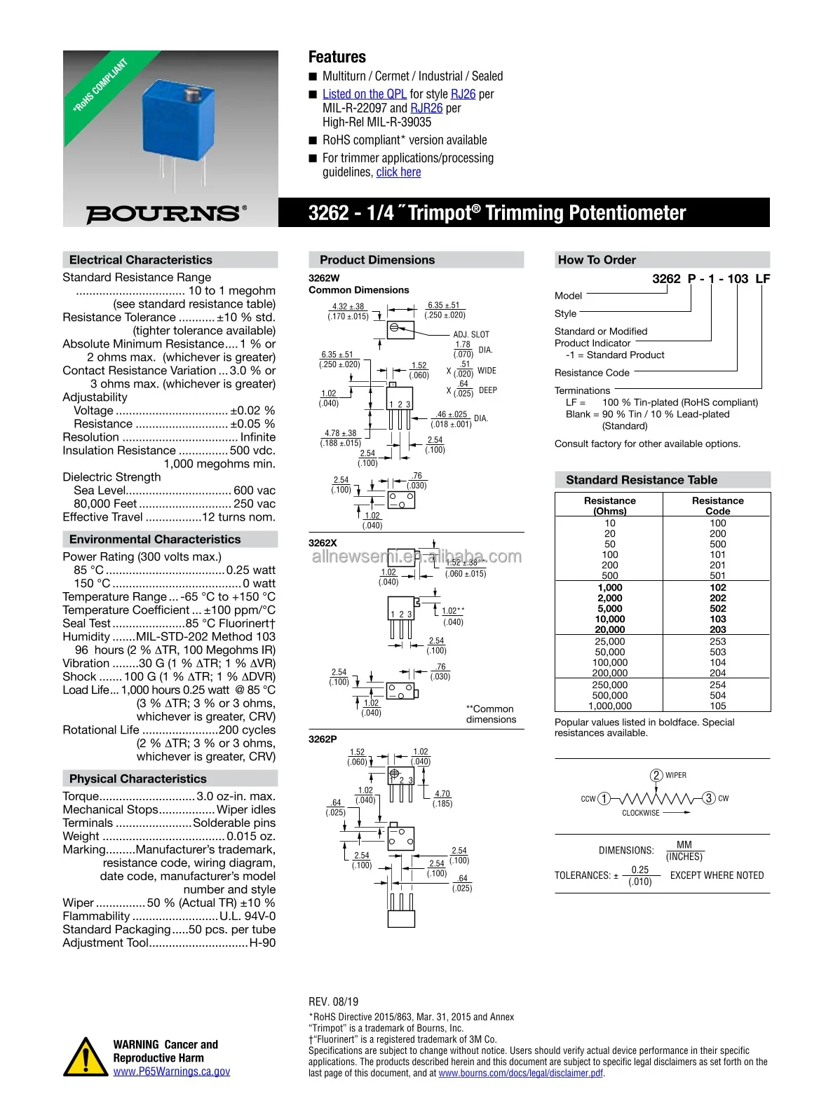 Hot sale Original 3262W-1-502 Trimmer Potentiometer 5KOHM 0.25W TOP 1/4W PC Pins Through Hole Cermet 12.0 Turn Top Adjustment