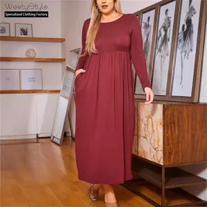 Autumn Winter Plus-Size Women's A-Line Floor-Length ELEGANT Natural Waist Chiffon Dress Fashionable New Pocket Solid Color Front