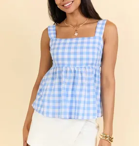 New Women's Sleeveless Square Neck Blouse Checked Color Top Casual Shirt