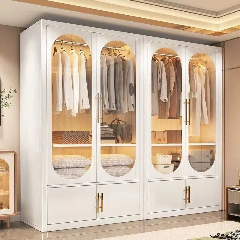 Eleganter Weißer Moderner Freistehender Kleiderschrank Mit Gewölbten Glastüren,Goldfarbenen Beschlägen Und Griffen,Led-beleuchtung Sowie Stauraum Für Schlafzimmer Und Esszimmer