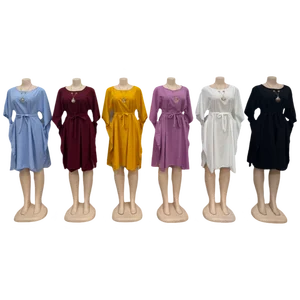 Wholesale New Summer Round Neck Long Sleeve Waist Lace up Abaya Muslim Robe Dress