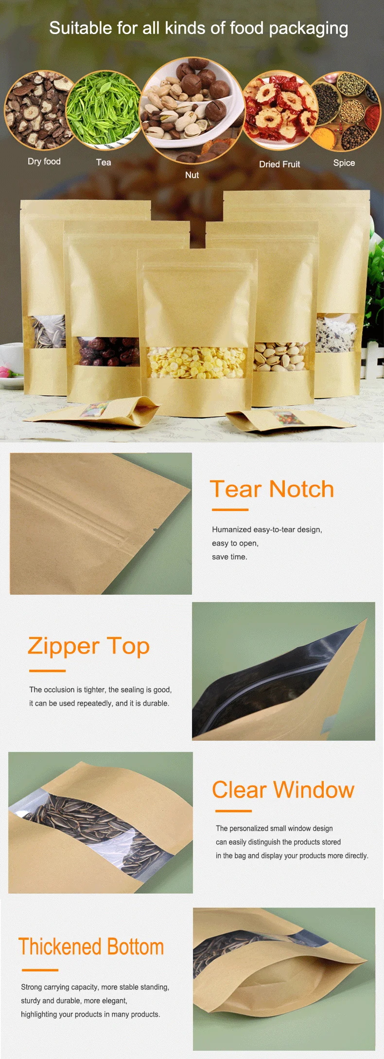 Factory-Direct Doypack Pouch Brown Kraft Paper Bag with Clear Window for Tea Snack Pet Food Packaging manufacture