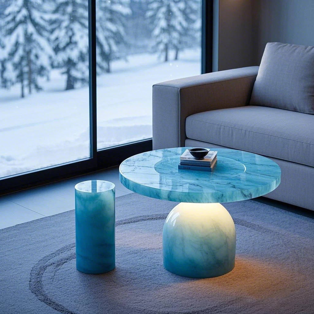 Modernt elegant agat-marmor-kaffebord i sten med skinende jade-blå onyx-bordplade og gennemsigtig møbel til stue og boligdekoration