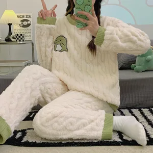 Custom Logo Winter Flannel Fleece-lined Sleepwear Women's Long Sleeve Warm Thickened Pyjamas Home Clothes Customize Pyjamas